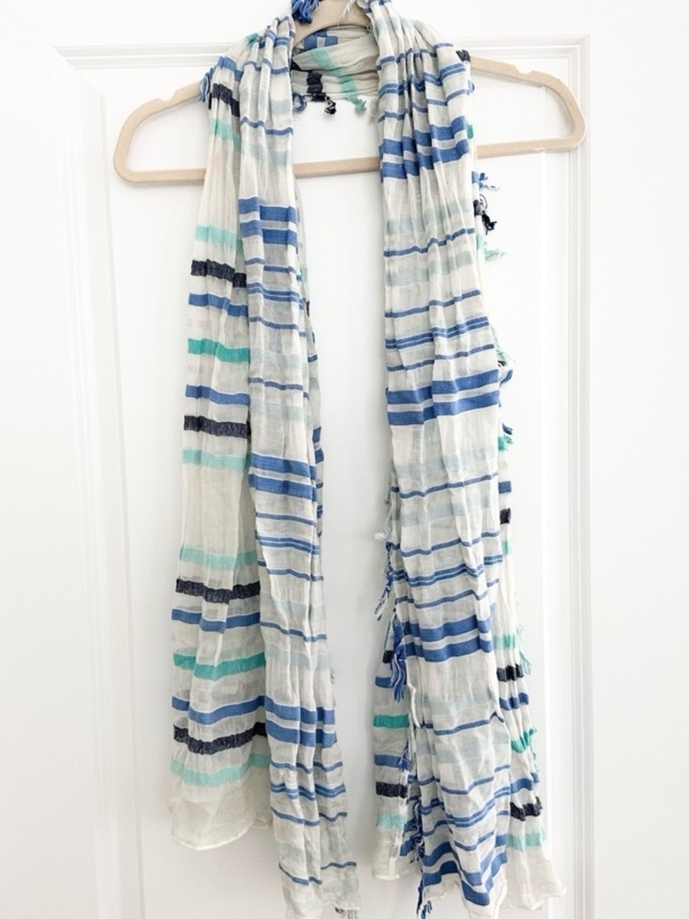 Blue White & Teal Lightweight Striped Summer Scarf / Beach Coverup Sarong